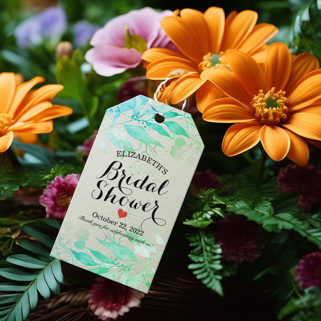 Étiquettes-cadeau Fête des mariées chic Feuille à l'aquarelle verte (Créateur téléchargé)