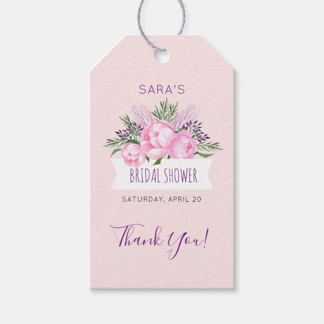 Étiquettes-cadeau Fête des mariées d'aquarelle Pink Peonies (Devant)