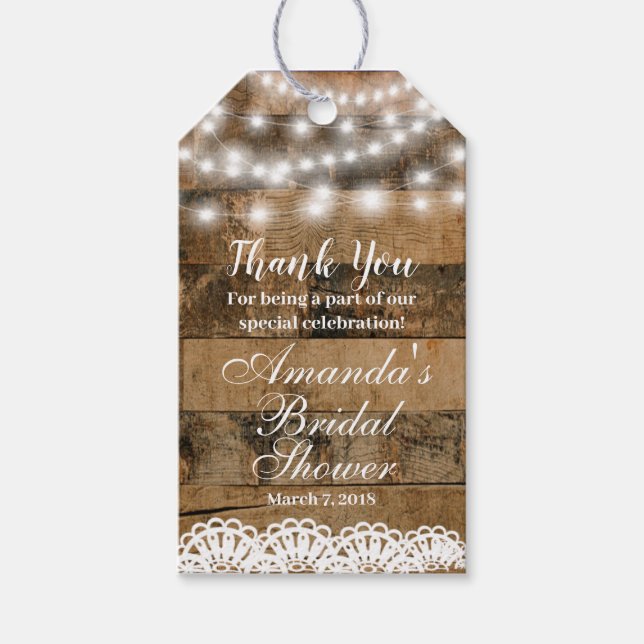 Étiquettes-cadeau Fête des mariées de dentelle en bois rustique Merc (Devant)