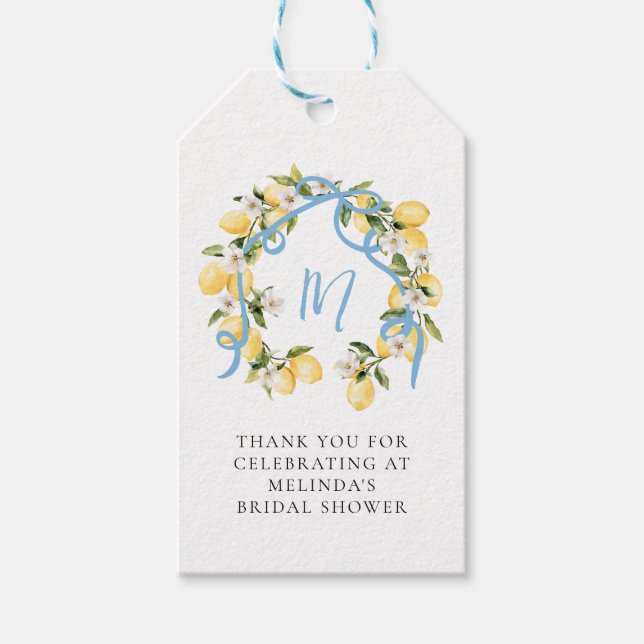 Étiquettes-cadeau Fête des mariées de monogramme de citron citronné  (Devant)