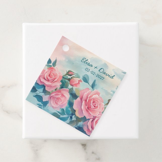 Étiquettes Cadeau Fête des mariées de peinture rose Roses sur mesure (En situation)