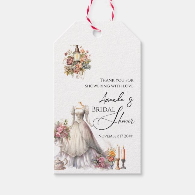Étiquettes-cadeau Fête des mariées de robe de Mariage victorienne (Devant)