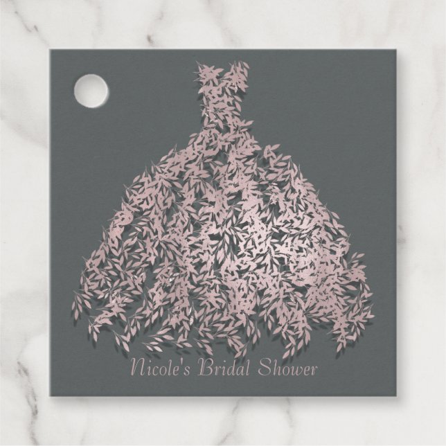 Étiquettes Cadeau Fête des mariées de robe Feuille rose et gris (Devant)