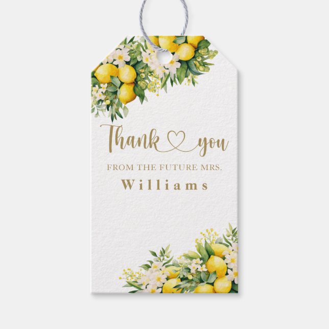 Étiquettes-cadeau Fête des mariées d'été moderne au citron (Devant)