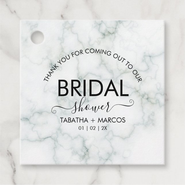 Étiquettes Cadeau Fête des mariées élégante de script en marbre simp (Devant)