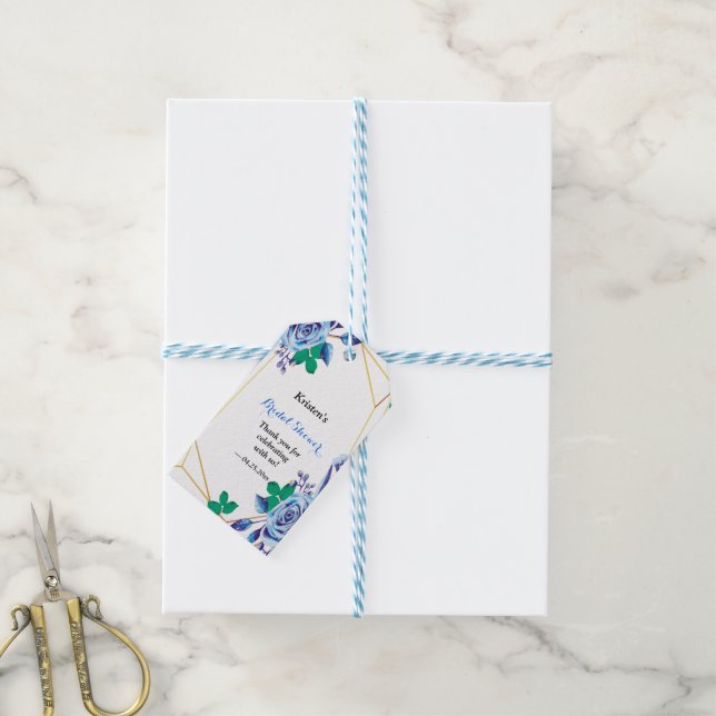 Étiquettes-cadeau Fête des mariées florale bleu cadre or géométrique (Avec de laficelle)
