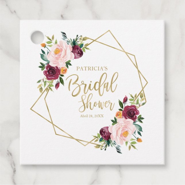 Étiquettes Cadeau Fête des mariées florale de Bourgogne géométrique (Devant)