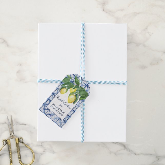 Étiquettes-cadeau Fête des mariées Lemon Thème avec Shibori Blue Art (Avec de laficelle)
