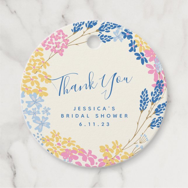 Étiquettes Cadeau Fête des mariées personnalisée Fleur Jaune Bleue (Devant)