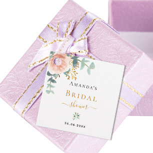 Étiquettes Cadeau Fête des mariées rose or fleuri eucalyptus merci