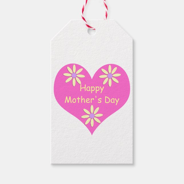 Étiquettes-cadeau Fête des mères Coeur rose et Fleurs jaunes (Devant)