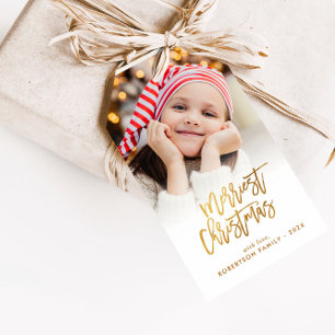 Étiquettes-cadeau fête des photos de Noël de l'écriture élégant