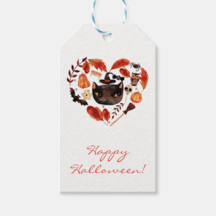 Étiquettes-cadeau Fête d'Halloween Chat Noir Aquarelle Fantaisiste