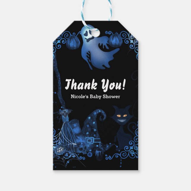 Étiquettes-cadeau Fête d'Halloween magique Chat noir Lumière bleue (Devant)