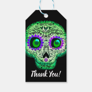 Étiquettes-cadeau Fête d'Halloween noire avec crâne en sucre vert et