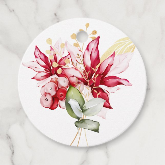 Étiquettes Cadeau Fête d'hiver poinsettia aquarelle fleurs (Devant)
