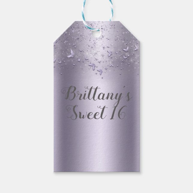 Étiquettes-cadeau Fête douce 16 Papillon scintillant lilas (Devant)