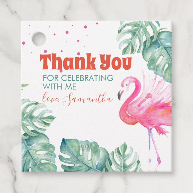 Étiquettes Cadeau Fête Flamant Rose Merci (Devant)