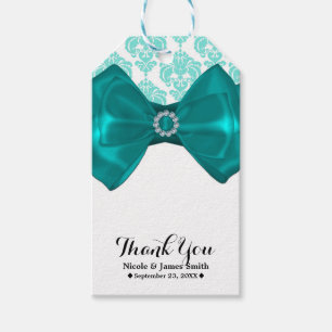 Étiquettes-cadeau Fête Glamour Bow Bling Damassé Blanc & Sarcelle Sw