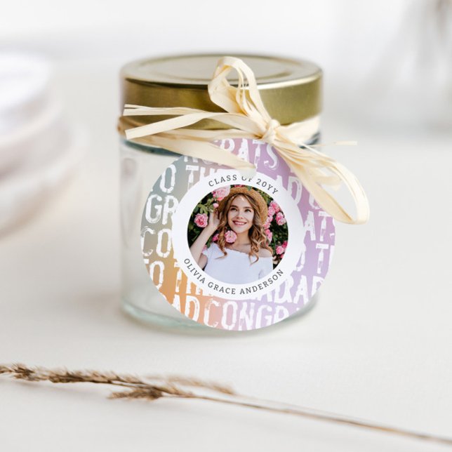 Étiquettes Cadeau Fête moderne pastel arc-en-ciel rose photo graduat (Créateur téléchargé)