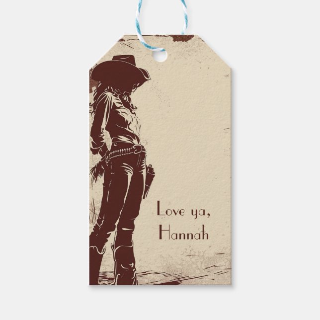 Étiquettes-cadeau Fête personnalisée de cowgirl rustique occidentale (Devant)