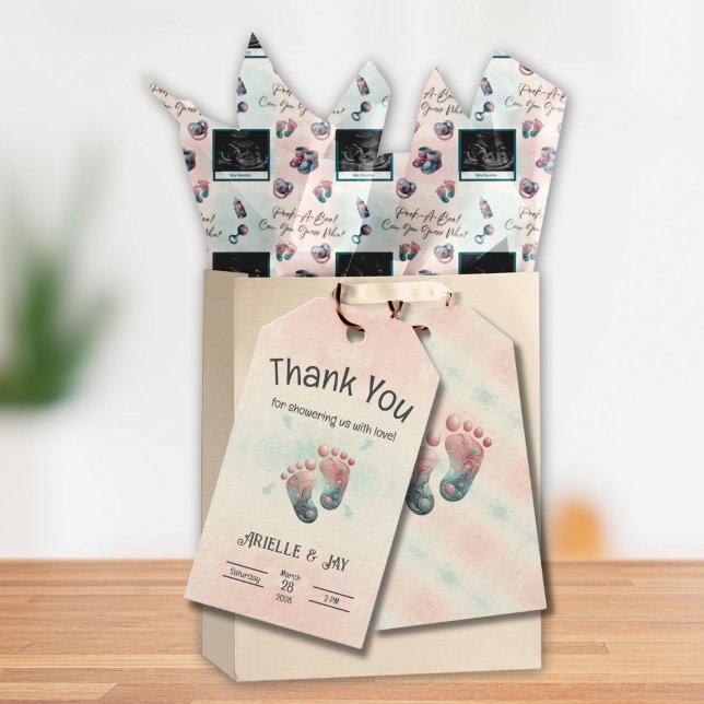 Étiquettes-cadeau "Fête Prénatale avec Échographie pour la Révélatio (Thank You Gift Tags for Gender Reveal "Guess Who" Baby Shower Footprints Gifts)