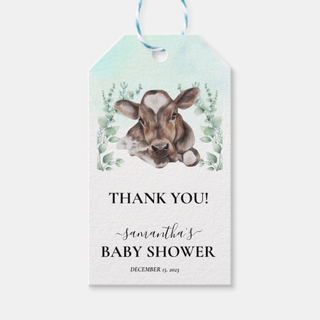 Étiquettes-cadeau Fête Prénatale de Bébé Vache de Ferme Veau Eucalyp (Devant)