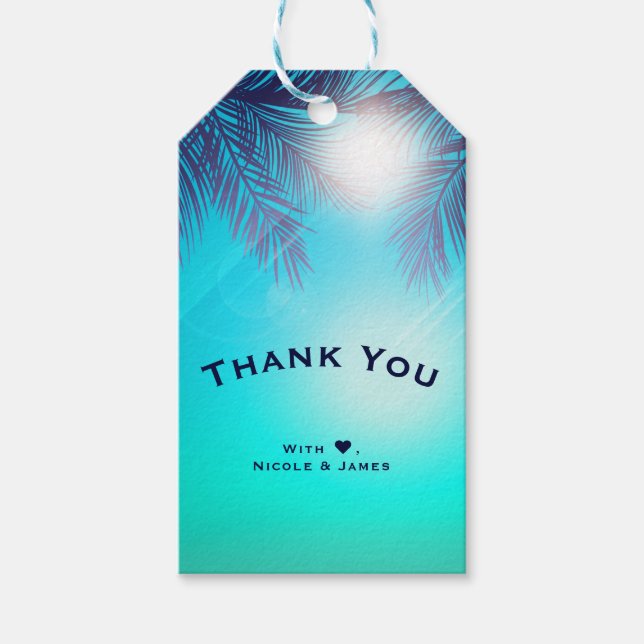 Étiquettes-cadeau Fête sur la plage bleue Palmiers ensoleillés Anniv (Devant)