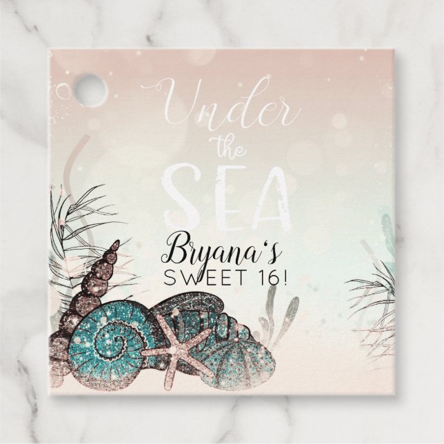 Étiquettes Cadeau Fête Sweet 16 Rose sous les coquillages de la plag (Devant)