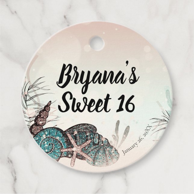 Étiquettes Cadeau Fête Sweet 16 Rose sous les Coquillages de Plage (Devant)