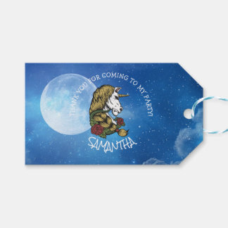 Étiquettes-cadeau Fête Unicorne guerrière bleu lune