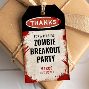 Étiquettes-cadeau Fête zombie merci avec un panneau rouillé et du sa