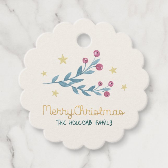 Étiquettes Cadeau Fêtes Berries et étoiles Noël d'or (Devant)