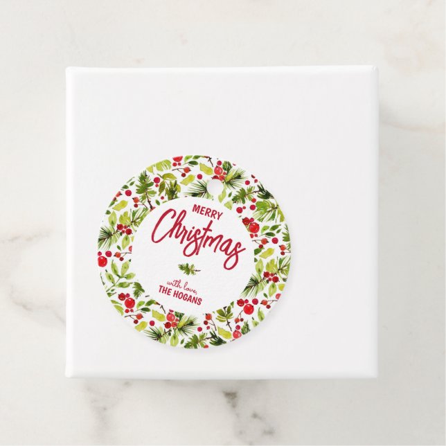 Étiquettes Cadeau Feuillage de Noël Baies Fêtes (En situation)