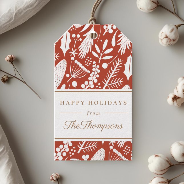 Étiquettes-cadeau Feuillage de Noël rouge classique Joyeuses Fêtes (Créateur téléchargé)