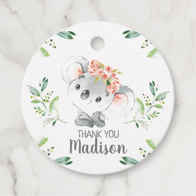 Étiquettes Cadeau Feuillage vert rose floral Koala Bear Favoriser Ta (Devant)