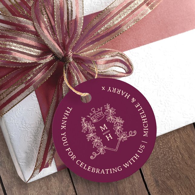 Étiquettes Cadeau Feuilles de la Couronne dessiné monogramme mariage (Créateur téléchargé)