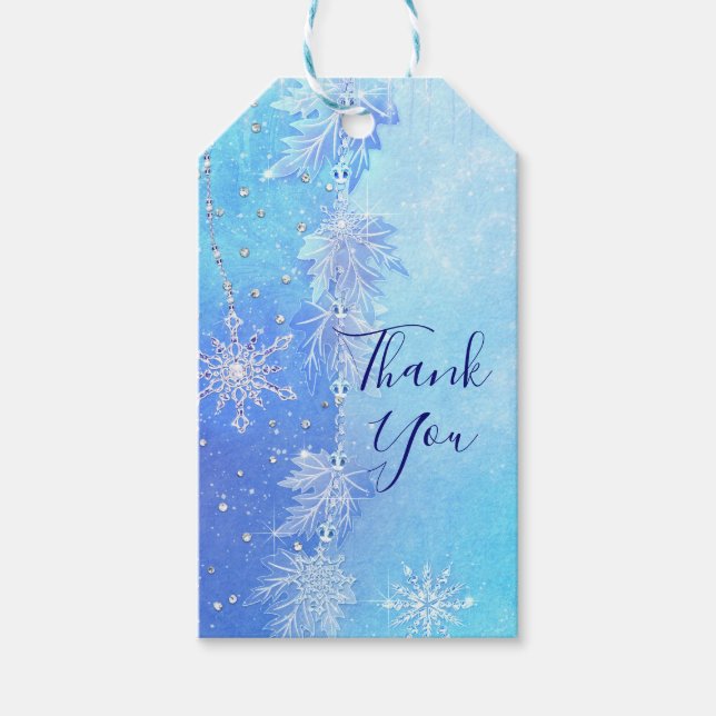 Étiquettes-cadeau Feuilles d'hiver bleu et flocons de neige Elegant  (Devant)
