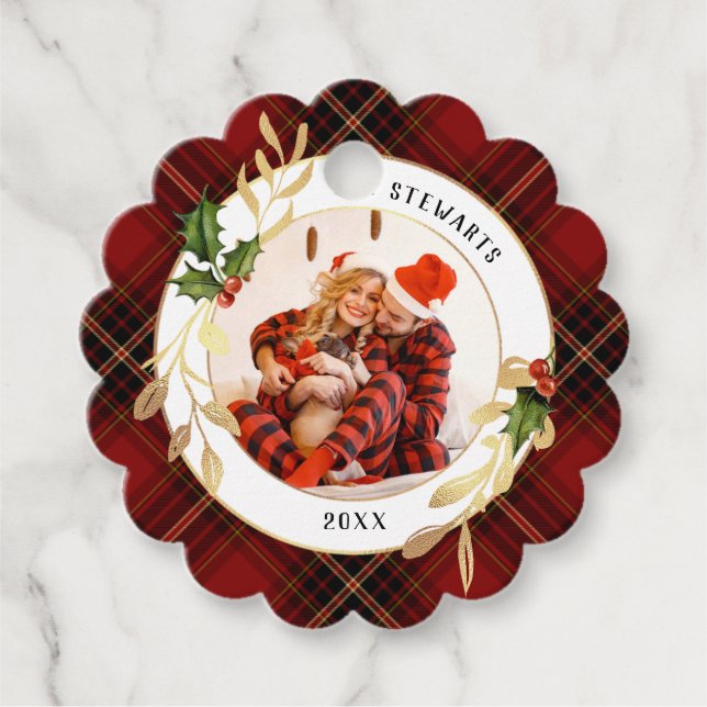 Étiquettes Cadeau Feuilles d'or, Holly & Photo sur Christmas Tartan (Devant)