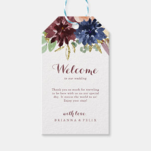 Étiquettes-cadeau Feuilles d'or rustique et Mariage floral Bienvenue