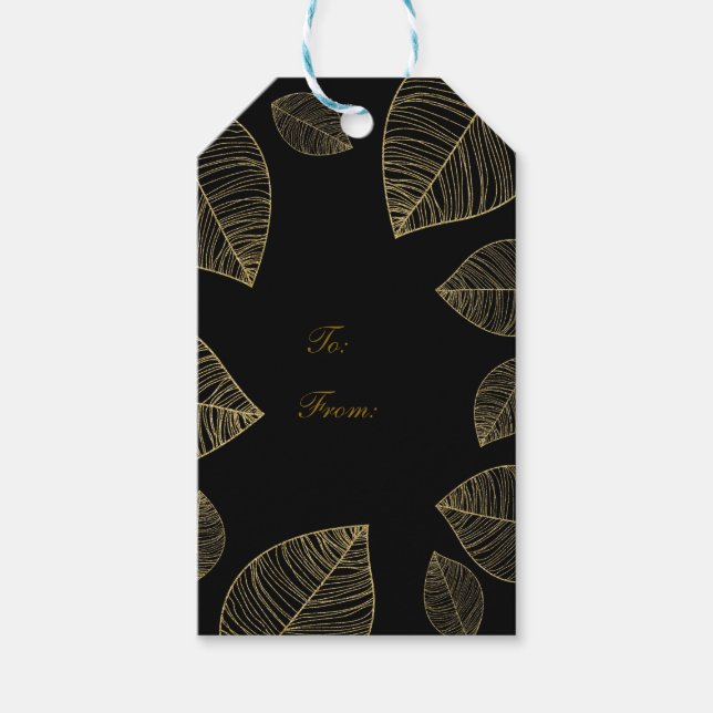 Étiquettes-cadeau Feuilles d'Or sur une Élégante Fête de Mariage Noi (Devant)
