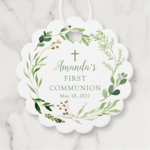 Étiquettes Cadeau Feuilles vertes Douces Première Sainte Communion F