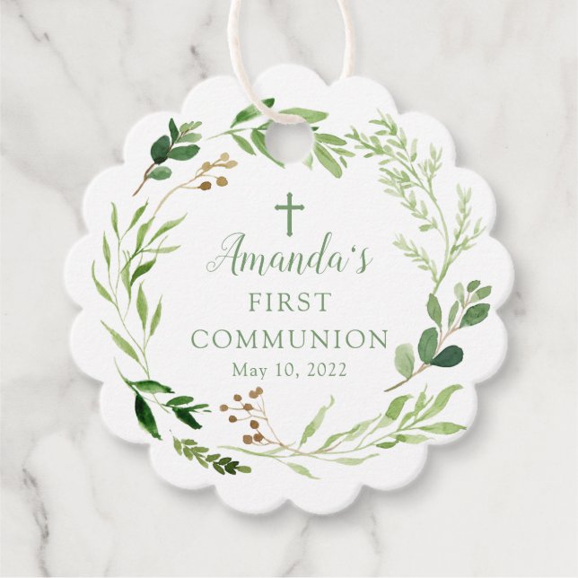 Étiquettes Cadeau Feuilles vertes Douces Première Sainte Communion F (Devant)