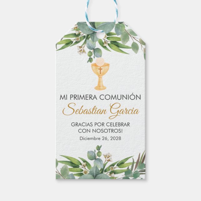Étiquettes-cadeau Feuilles verts mignons en première communion espag (Devant)