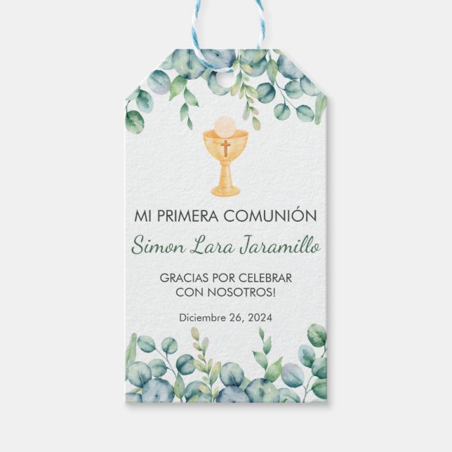 Étiquettes-cadeau Feuilles verts mignons en première communion espag (Devant)