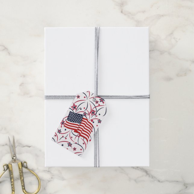 Étiquettes-cadeau Feux d'artifice et drapeau (Avec de la ficelle)