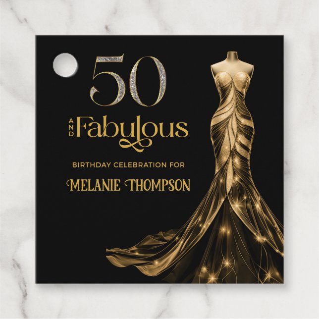 Étiquettes Cadeau Fifty and Fabulous Gold Dress Black 50th Birthday (Devant)