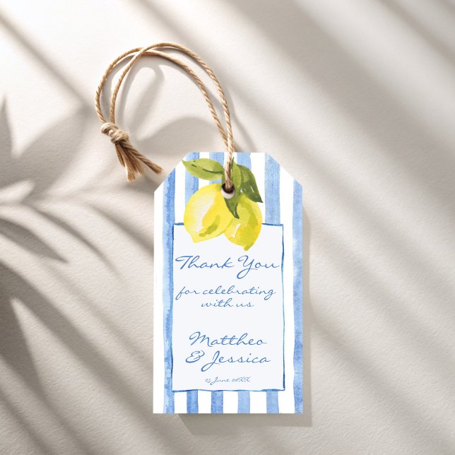 Étiquettes-cadeau Fil à la main bleu rayures citrons italien mariage (Handrawn blue stripes lemons Italian wedding favor Gift Tags personalized favor tags)