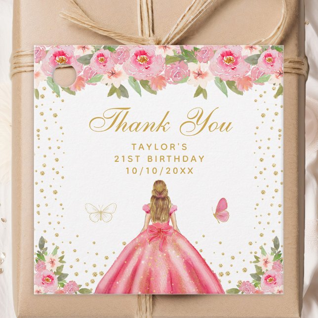 Étiquettes Cadeau Fille à cheveux rose floral Blonde Fille Anniversa (Créateur téléchargé)