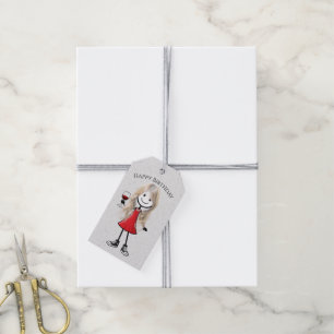Étiquettes-cadeau Fille à stick figure d'anniversaire avec un verre